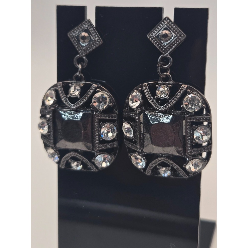 Gunmetal Noir Gothic Glam Rhinestone Statement Earrings Art Deco Crystal Drop‎